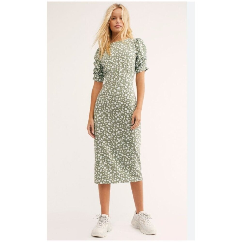 Free People Rosie Midi Dress Green Floral Medium Open‎ Back Puff Sleeve Prairie
